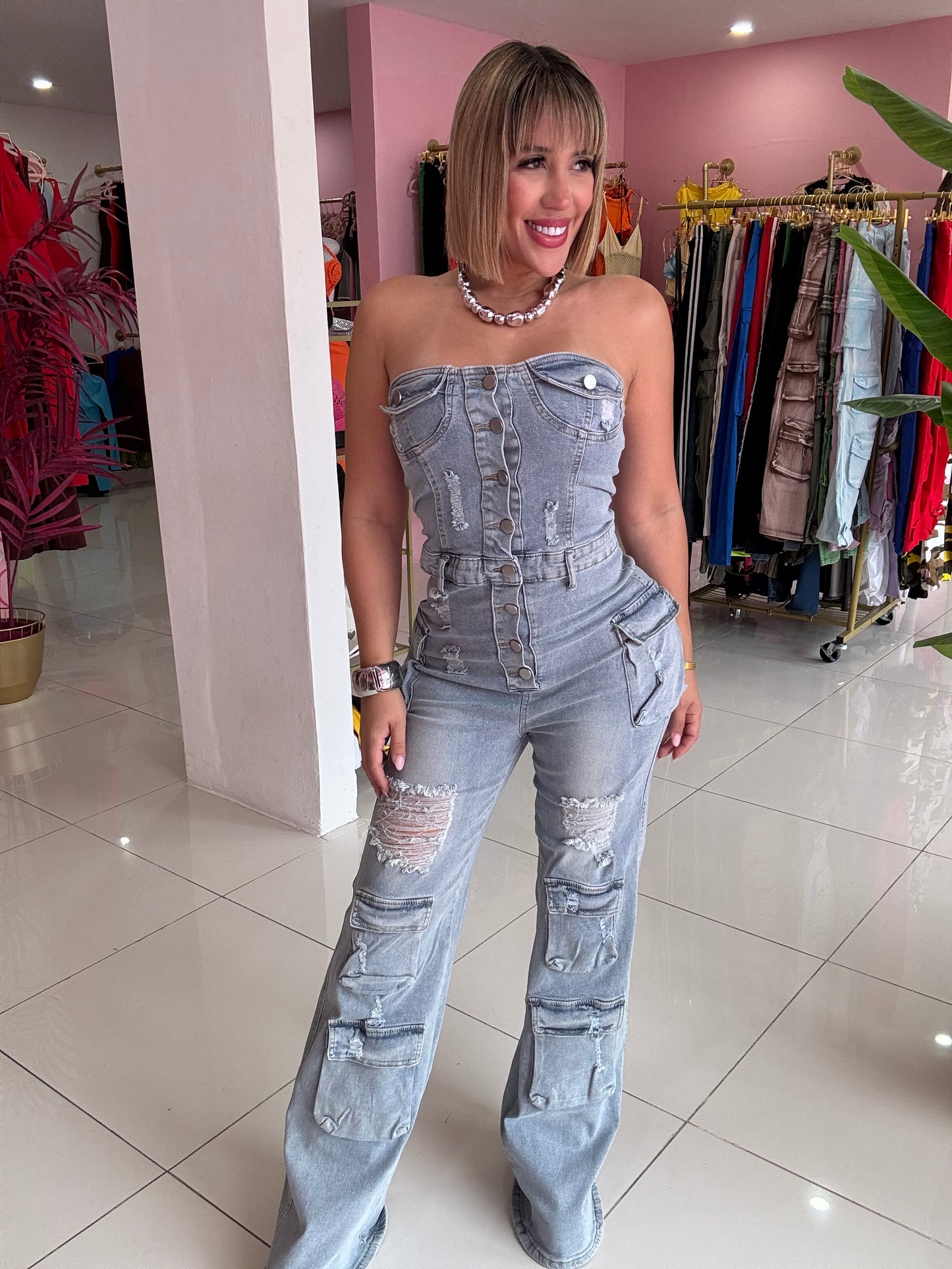 Stretch denim cargo jumpsuit