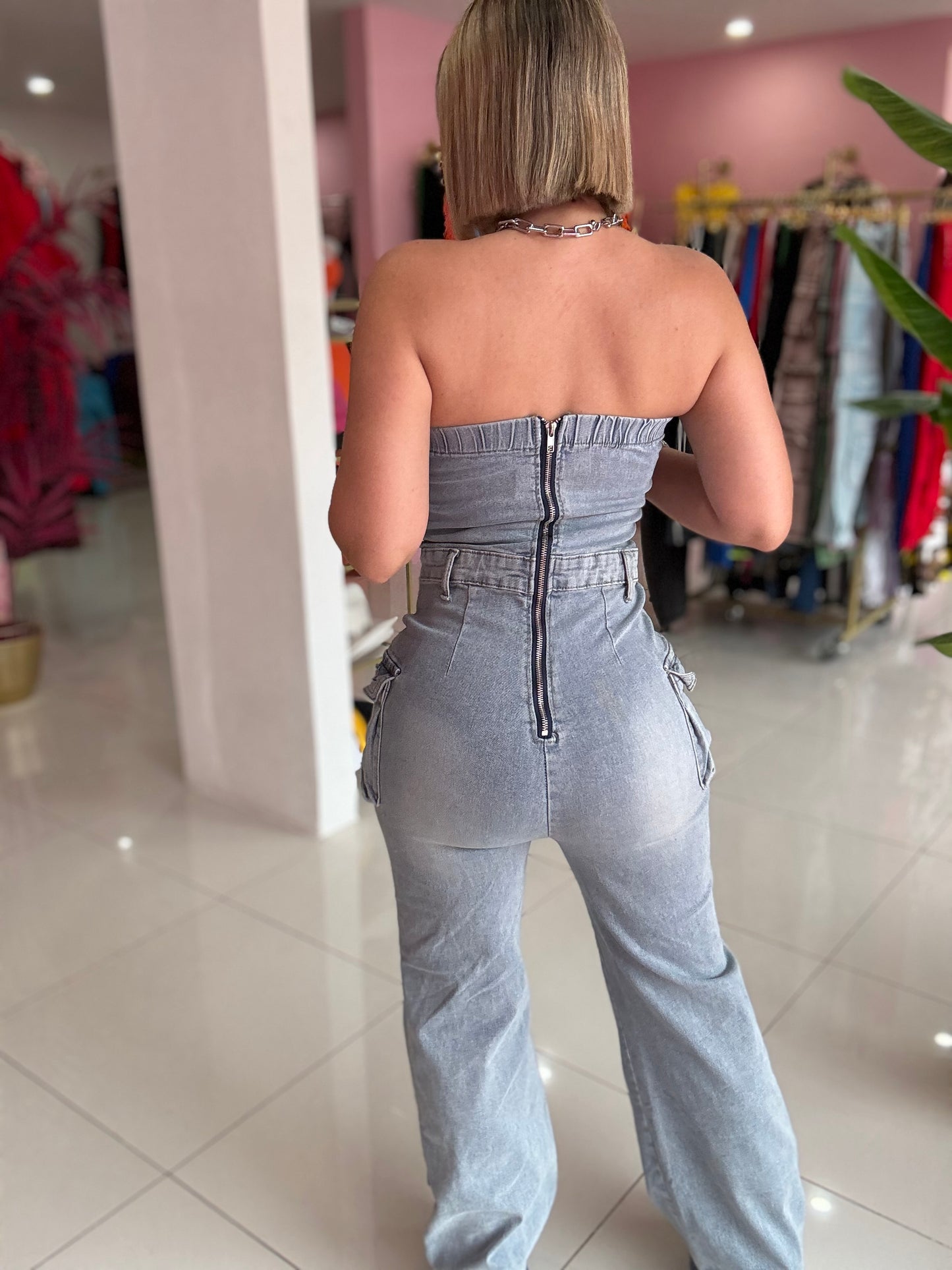Stretch denim cargo jumpsuit