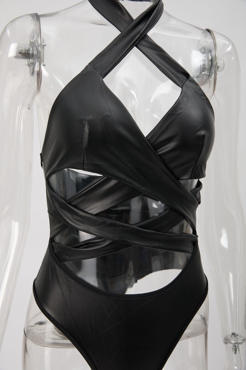 Halter Cross Bodysuit Leather