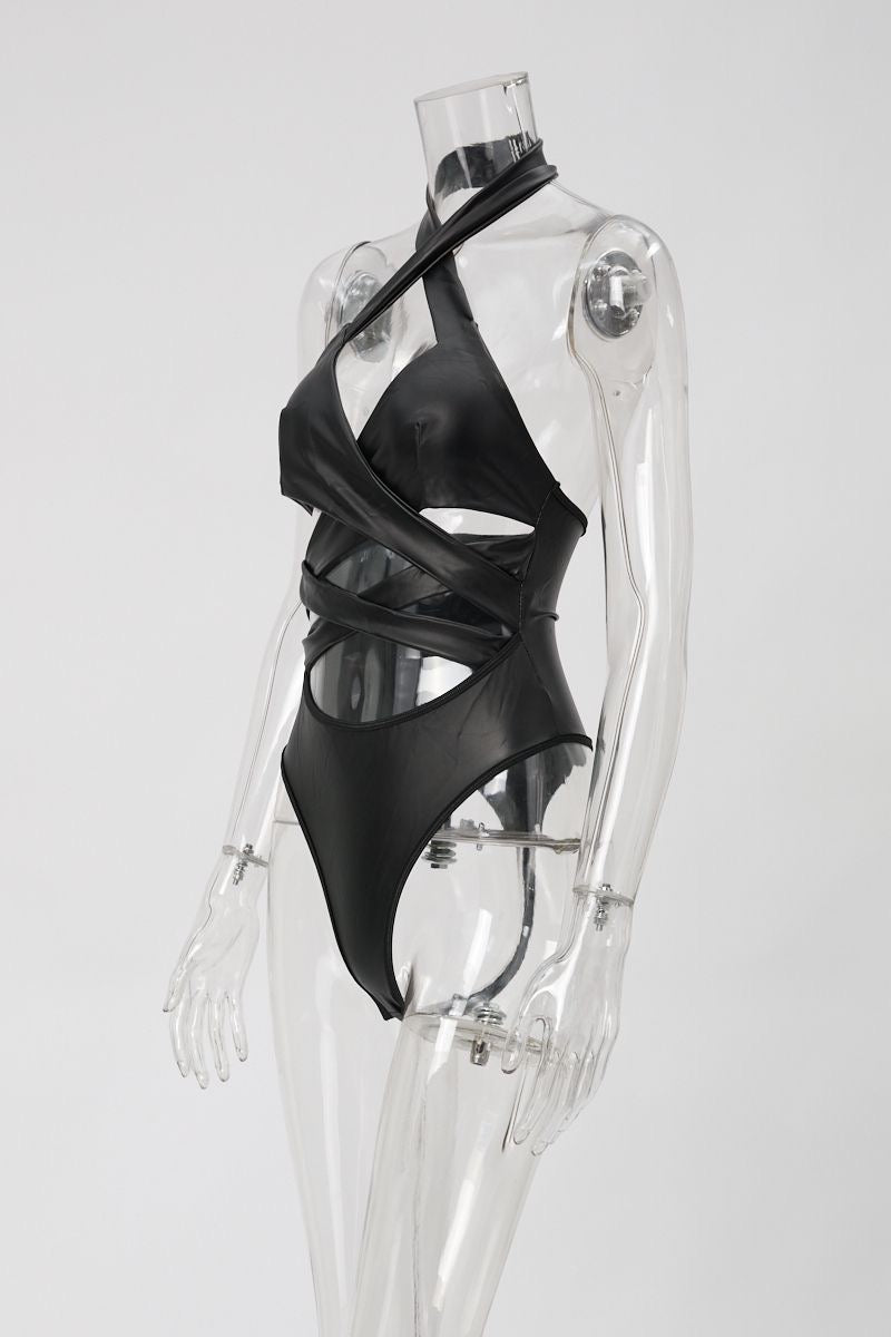 Halter Cross Bodysuit Leather