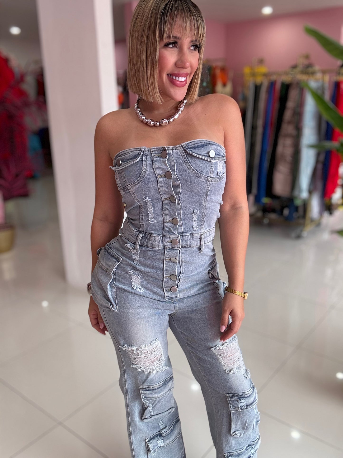Stretch denim cargo jumpsuit
