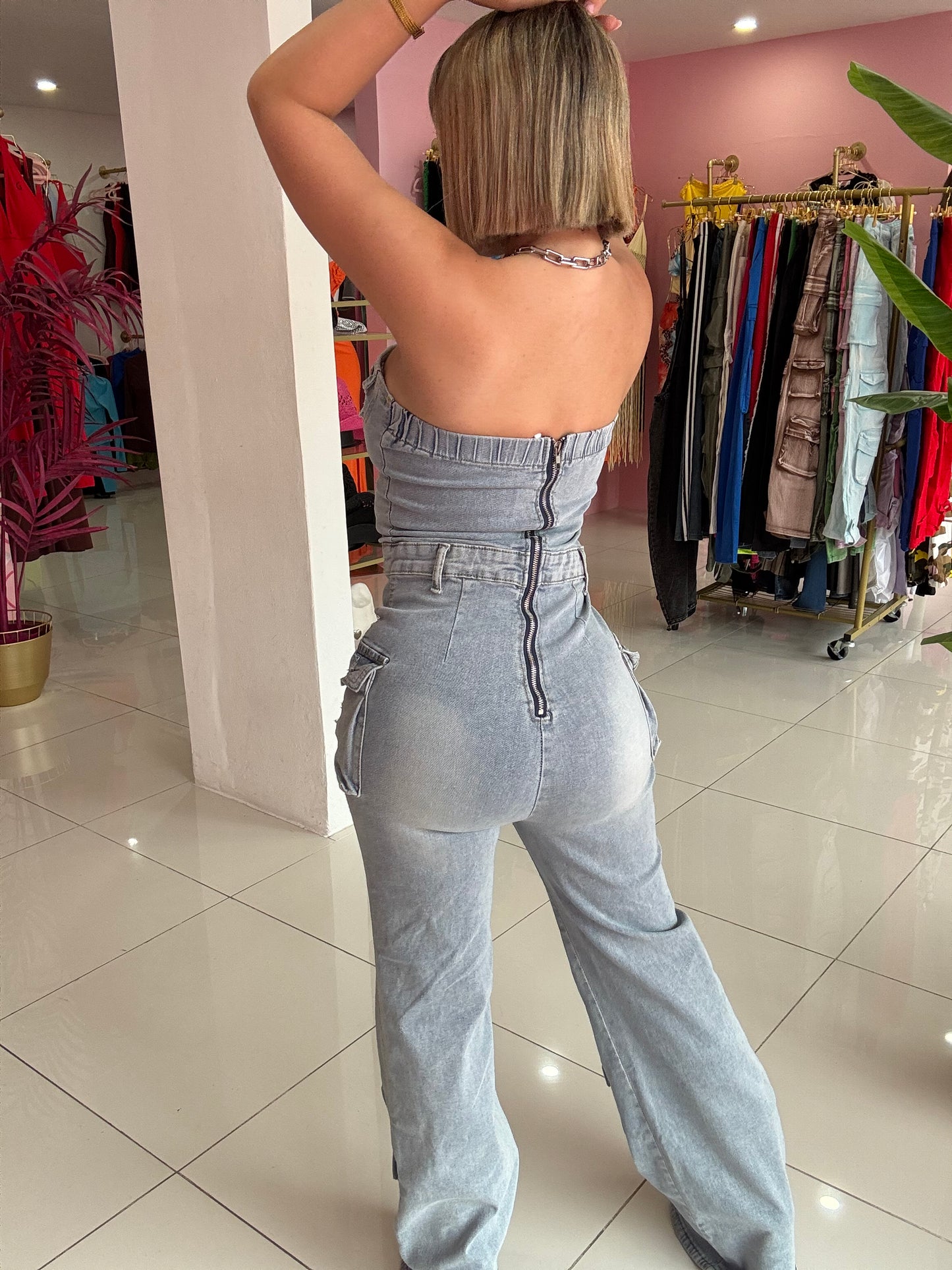 Stretch denim cargo jumpsuit