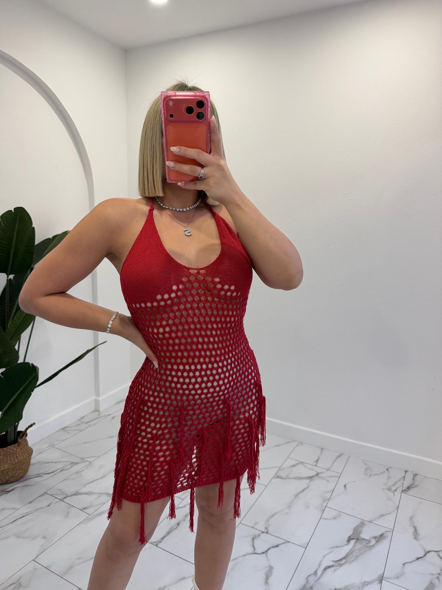 Crochet red flecos dress