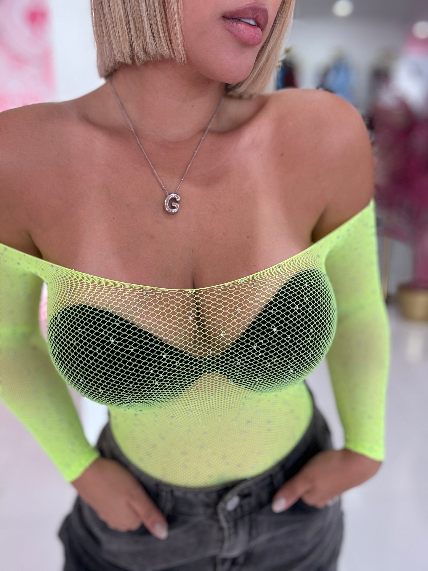 Off shoulder glitter Bodysuit os