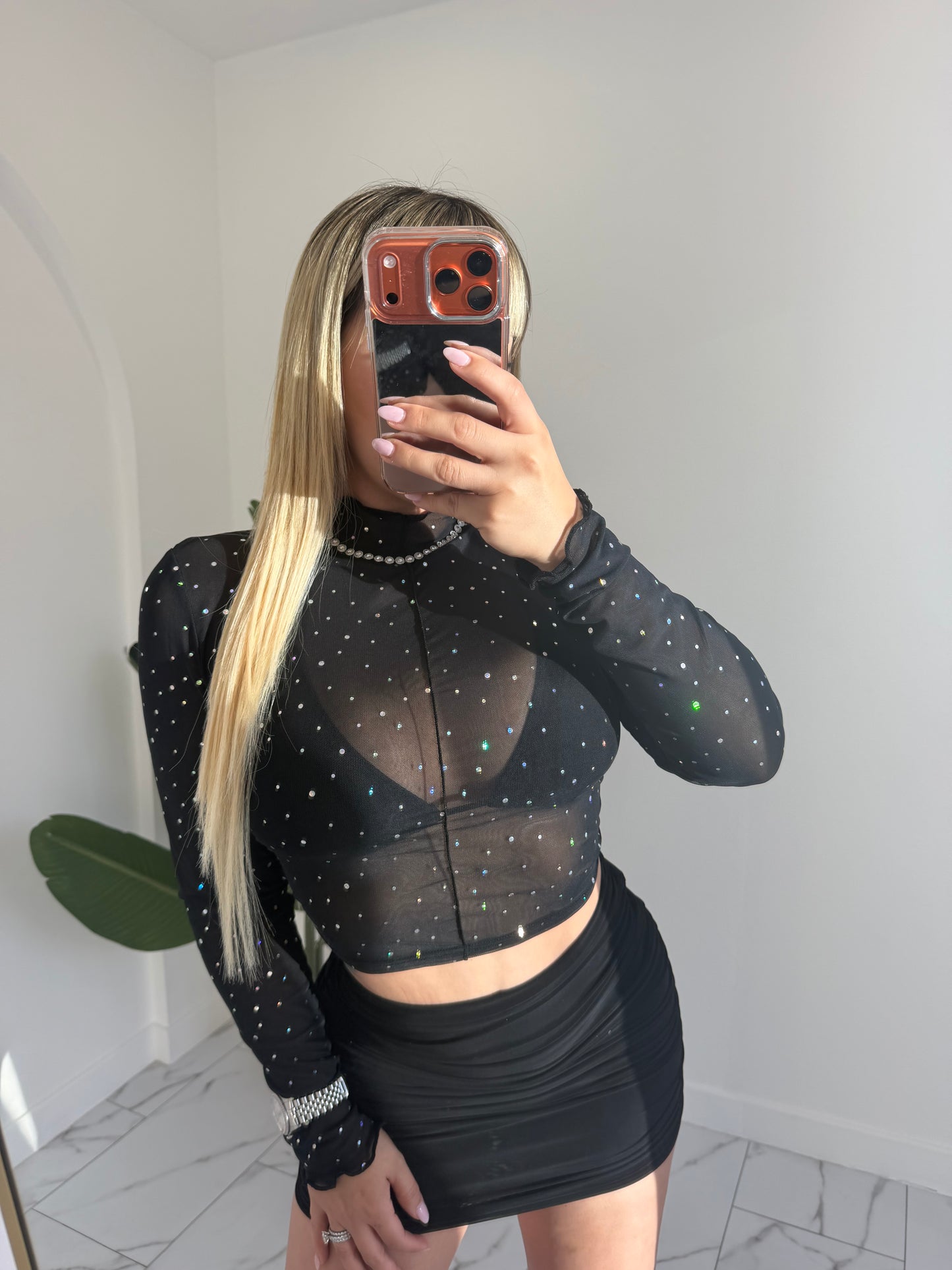 Glitter manga larga top