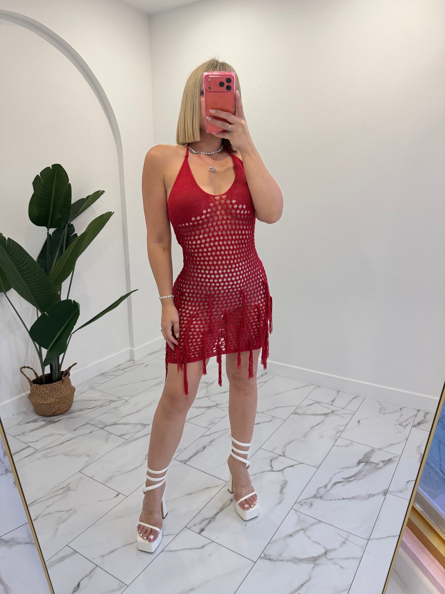 Crochet red flecos dress