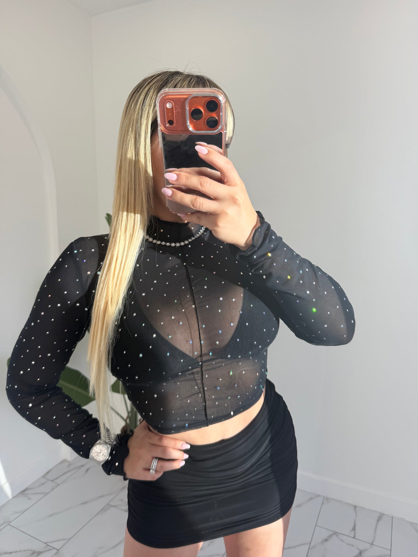 Glitter manga larga top