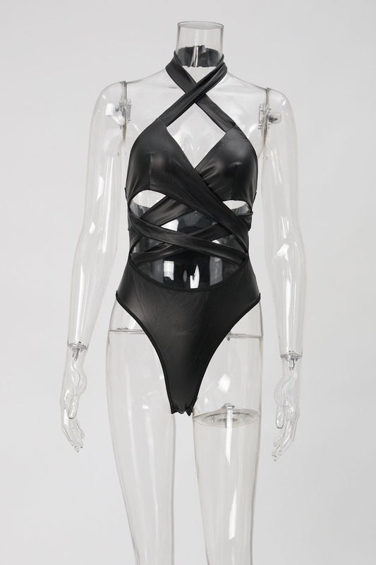 Halter Cross Bodysuit Leather
