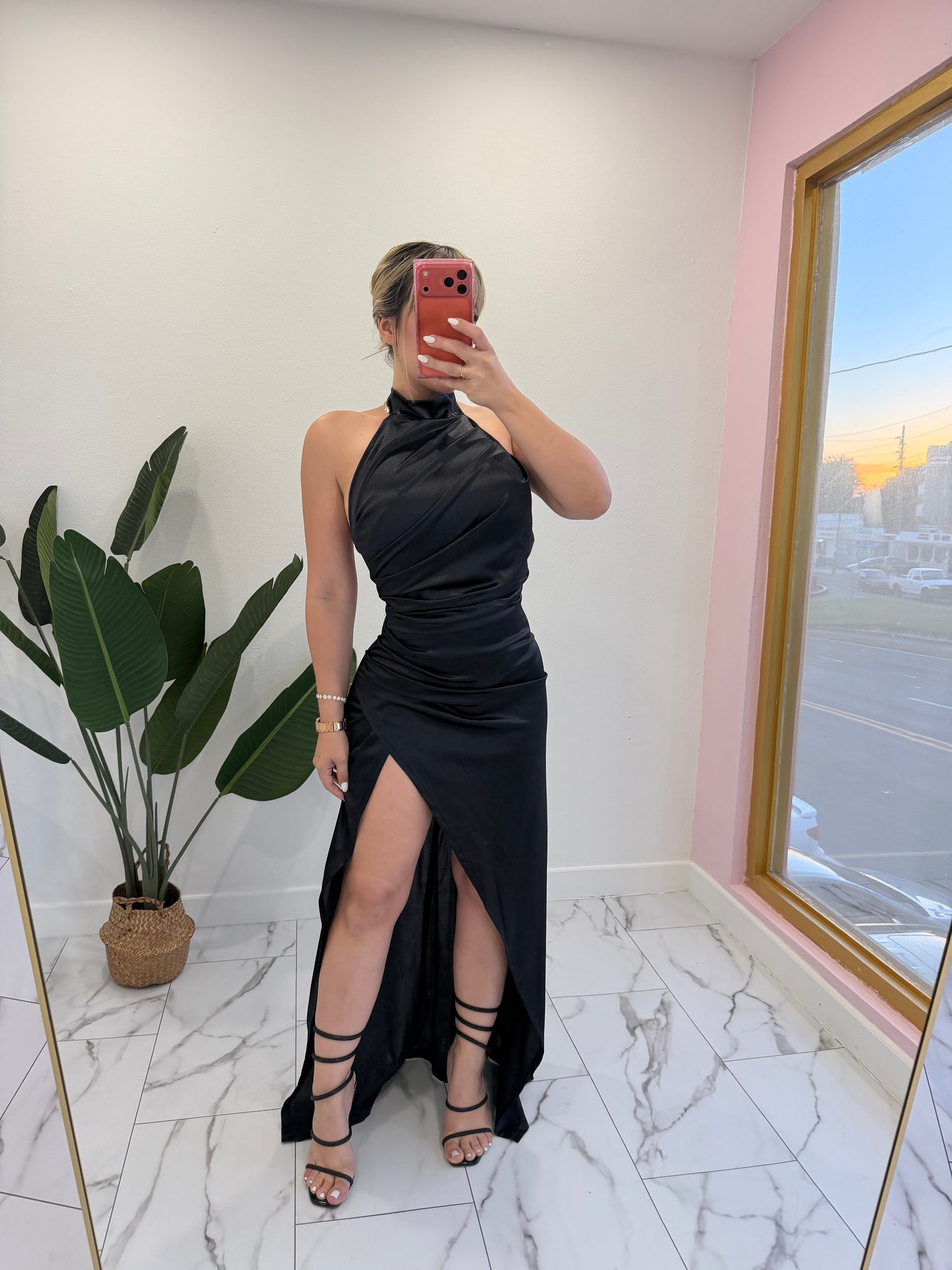 Satin Turtle neck long dress