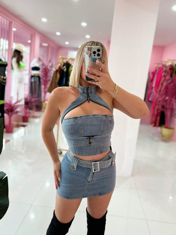 Famous micro denim Skort set