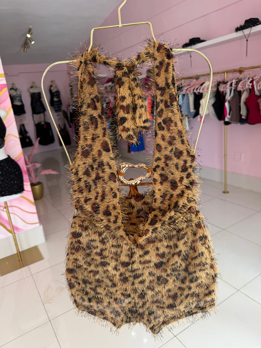 Fluffy leopard short set